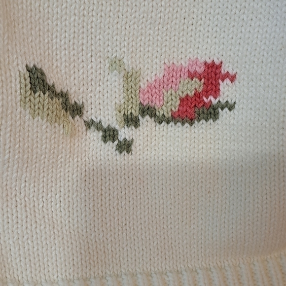 80s 90s RARE Floral Print Hand Knit Crewneck Cardigan Sweater Large  Cottagecore - Picture 3 of 16